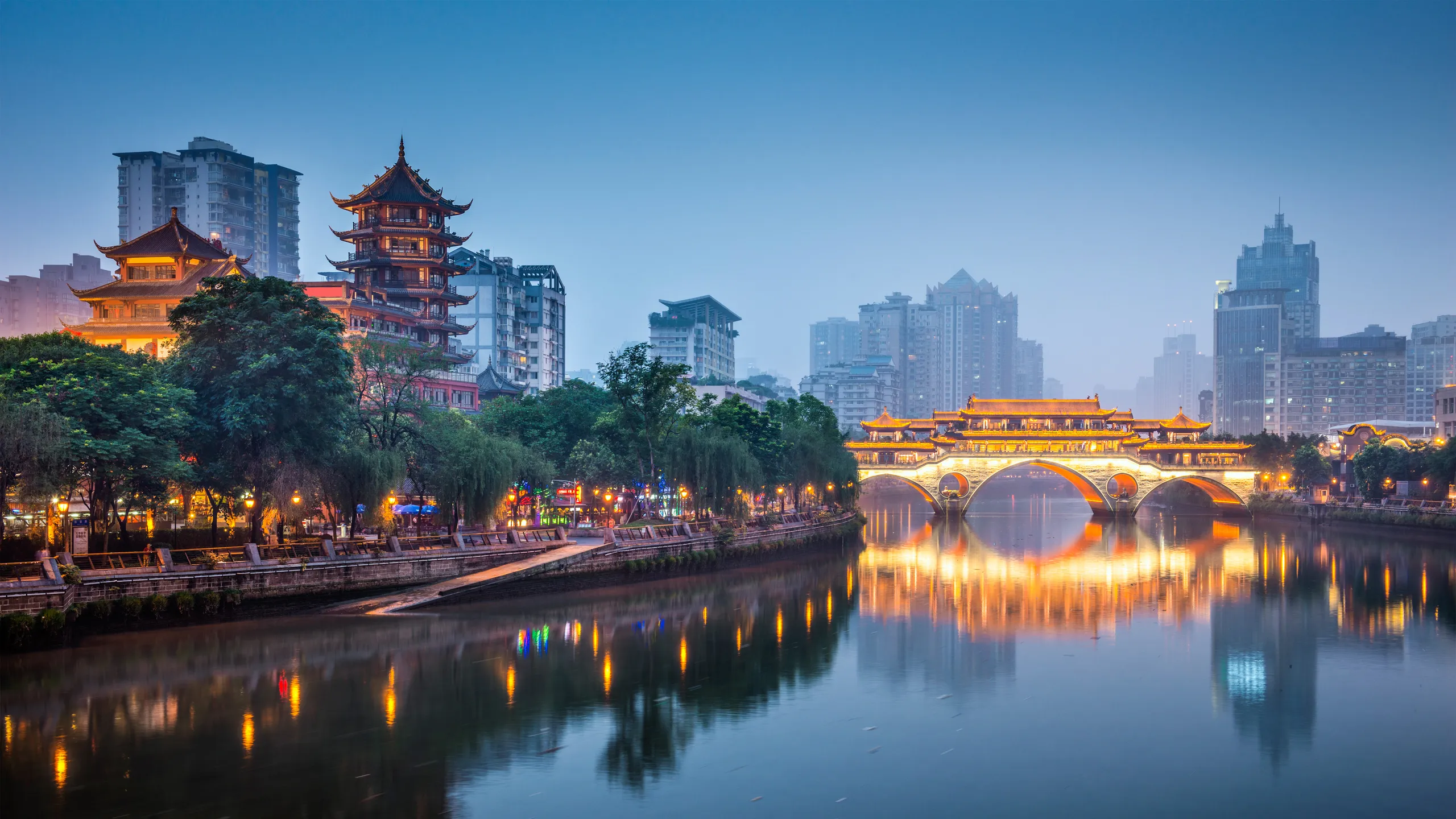 Photo of Anshun Bridge and surrounding city area in Chengdu, China.